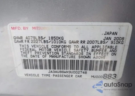 2009 Mitsubishi Lancer Gts from USA, damaged, VIN JA3AU86WX9U002748